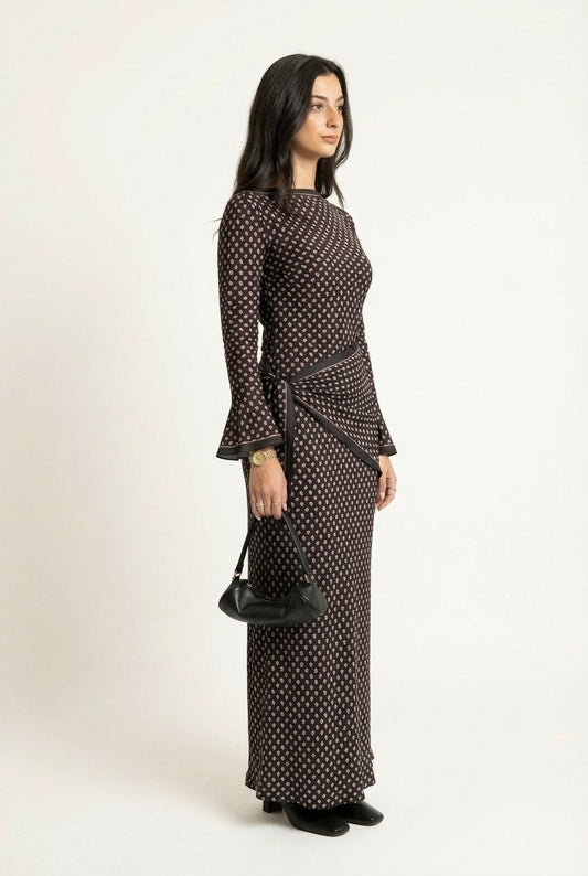 Women's Polka Dot Boat Neck Maxi Dress with Flare Cuffs and Wrap Detail