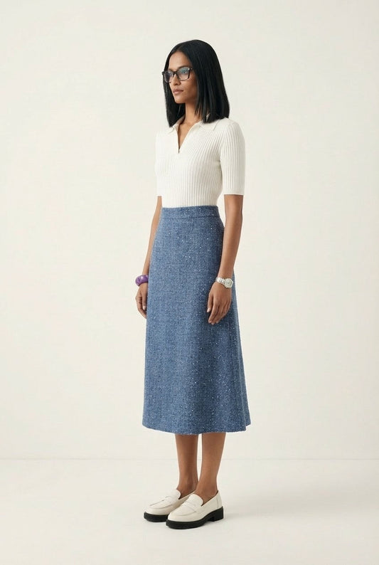 Women's Ribbed Polo and Textured A-Line Midi Skirt Set, Elegant Chic