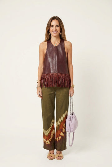 Women's Faux Leather Fringe Hem Tank Top, Deep Burgundy Boho Style