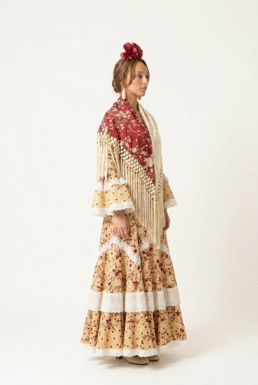 Women's Flamenco Style Tiered Lace Maxi Dress Set With Fringed Shawl