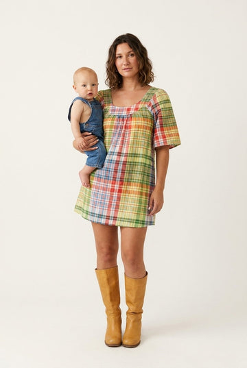 Women's Multi-Color Plaid Cotton Dress, Relaxed Fit Retro Mini