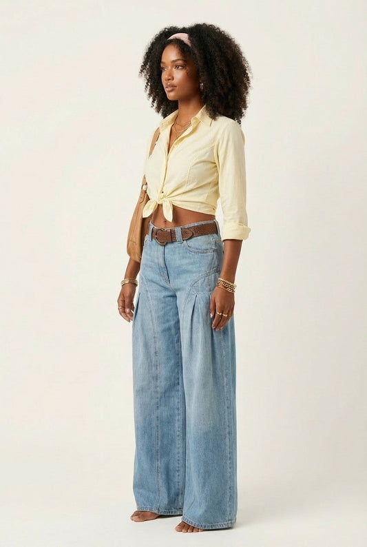 Women's Lightweight Cotton Shirt and Wide-Leg Pleated Denim Jeans Summer Set