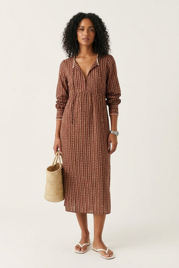 Women's Striped Cotton Midi Dress V-Neck Long Sleeve Bohemian Vibe