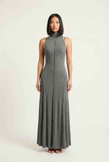 Women's Ribbed Knit Mock Neck Maxi Dress with Exposed Seams