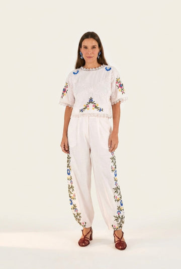 Women's Floral Embroidered Linen Blouse and Pants Set, Relaxed Summer Vibe