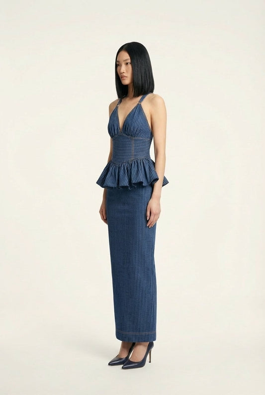 Women's Pinstripe Denim Peplum Maxi Dress with V-Neck Detail