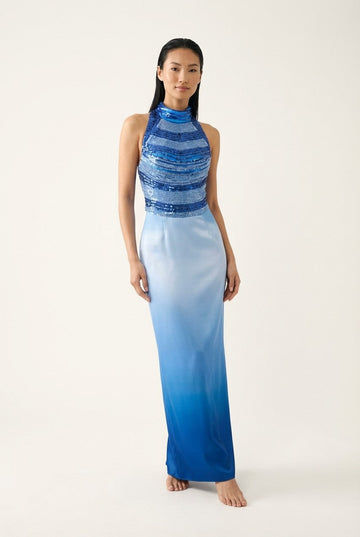 Women's Sequin Halter Ombré Satin Maxi Dress, Slim Fit Evening Gown