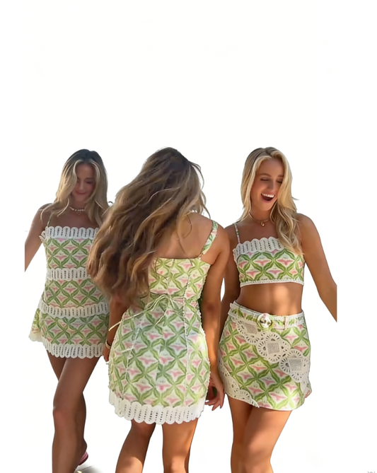 Pattern Crochet Trim Dress/Two-Piece Set