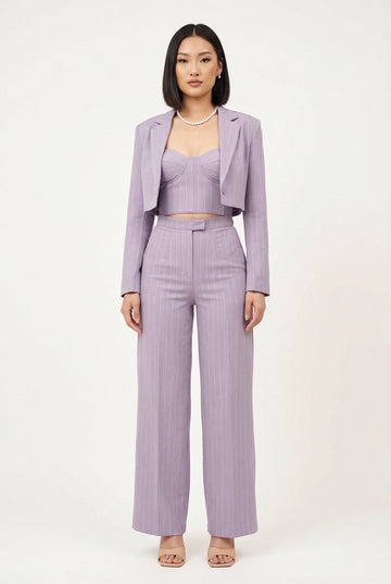 Women's Pinstripe Lilac Cropped Blazer and Pants Three-Piece Set