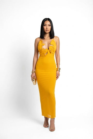 Women's Mustard Yellow Ruffled Cut-Out Maxi Dress Bodycon Evening Gown