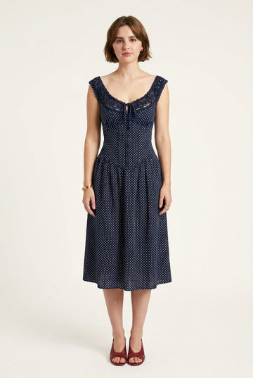 Women's Vintage Polka Dot Midi Dress With Lace Trim And Tie Front
