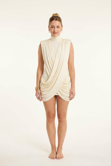Women's Draped Jersey Mock Neck Mini Dress Padded Shoulder Cocktail