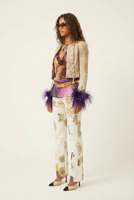 Women's Ruffled Cropped Jacket With Feather Cuffs Boho Glam
