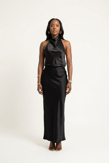 Women's Satin Halter Neck Top and Maxi Skirt Set Sleek Evening Wear