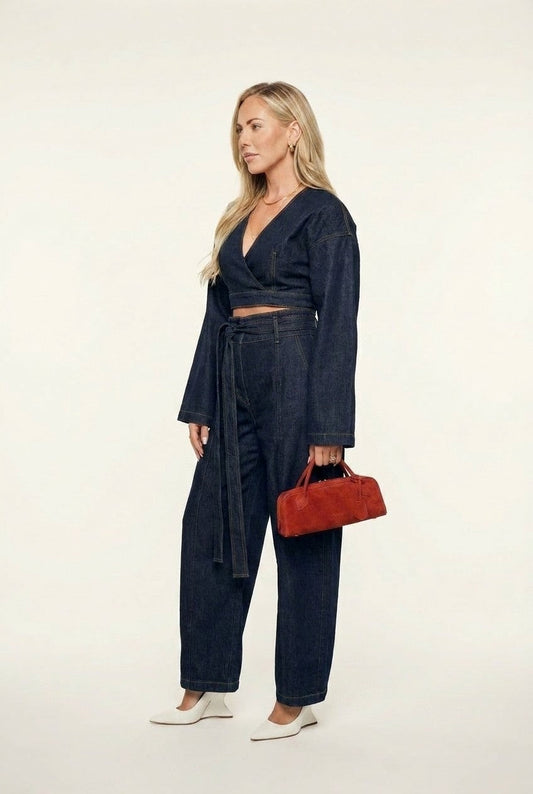 Women's Dark Indigo Denim Cropped Wrap Top and Wide-Leg Pants Set