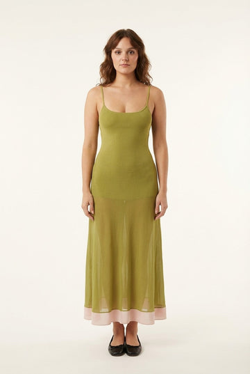 Women's Ribbed Knit Sheer Skirt Midi Dress With Contrast Hem