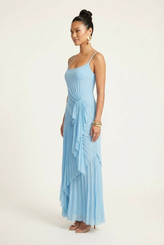 Women's Sky Blue Pleated Maxi Dress with Asymmetrical Ruffles