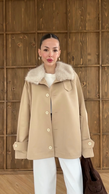 Beige Faux Fur Collar Coat
