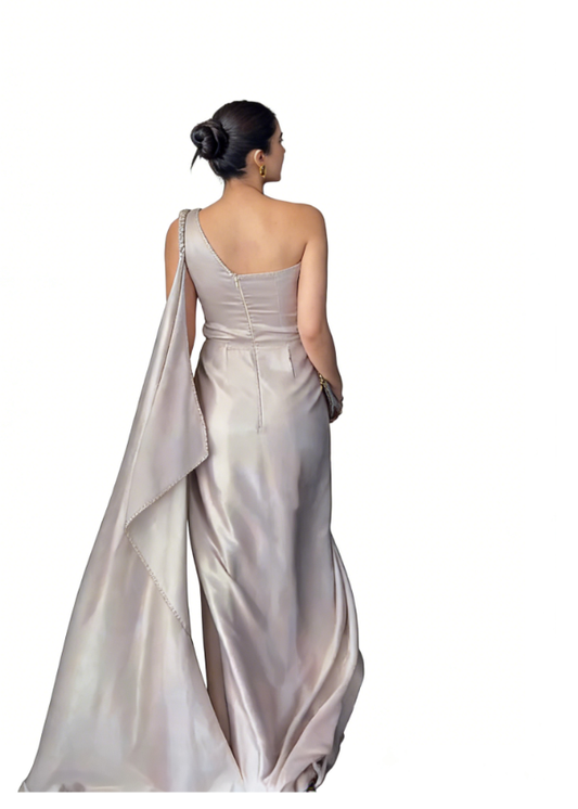 Beige Ruched One-Shoulder Gown