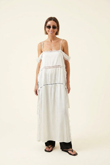 Women's Lace Inset Linen Maxi Dress Cold Shoulder Ethereal Summer Gown
