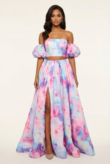 Women's Watercolor Satin Off-the-Shoulder Puff Sleeve Crop Top and Skirt Set