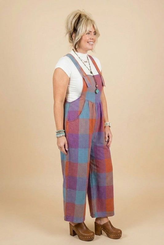 Women's Boho Plaid Cotton Jumpsuit Wide Leg Bib Overalls