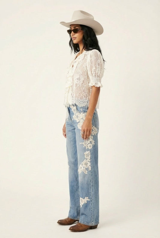 Women's Romantic Floral Lace Ruffle Blouse Puff Sleeve Boho Top
