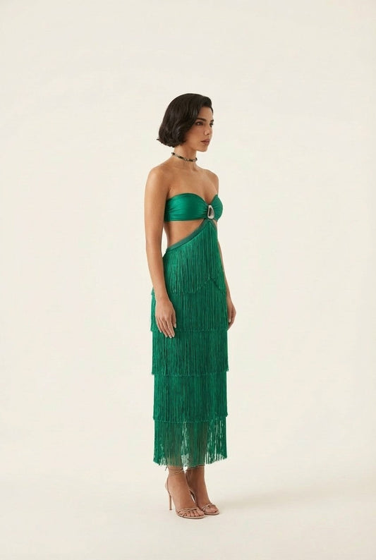 Women's Emerald Tiered Fringe Dress Strapless Cut-Out Party Gown