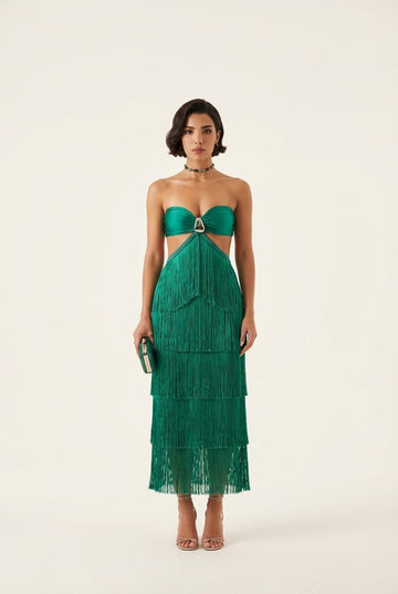 Women's Emerald Tiered Fringe Dress Strapless Cut-Out Party Gown