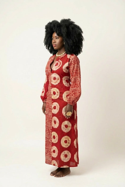 Women's Artisan Print Cotton Maxi Dress Button Down Long Sleeve