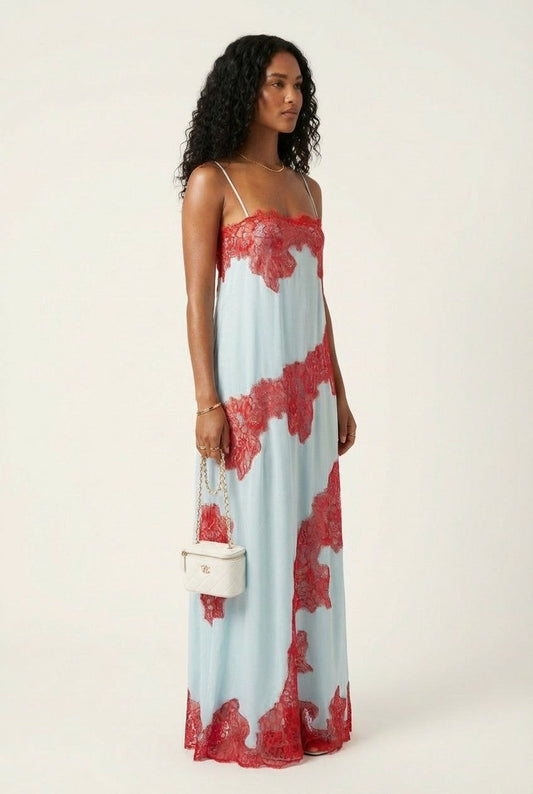 Women's Floral Lace Trimmed Satin Slip Maxi Dress Light Blue