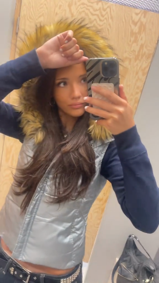 Silver Puffer Vest with Faux Fur Hood