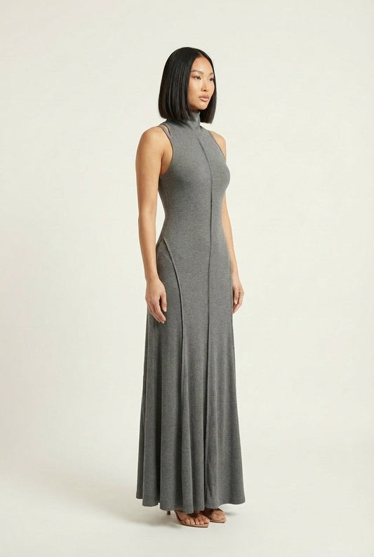Women's Ribbed Knit Mock Neck Maxi Dress with Exposed Seams