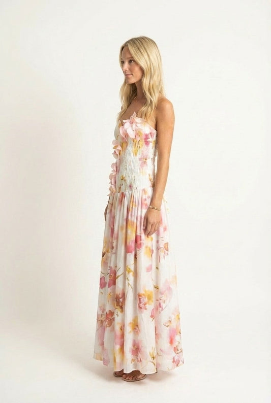 Women's Floral 3D Applique Maxi Dress Strapless Smocked Formal Gown