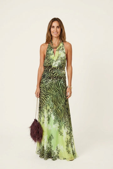 Women's Halter Neck Chiffon Maxi Dress Ruched Waist Tropical Print