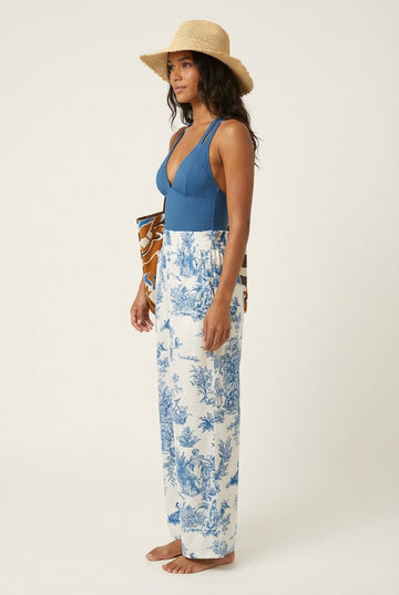 Women's Linen-Blend Swimsuit and Toile Pants Set, Wide-Leg Resort Wear