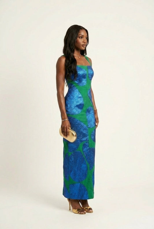 Women's Metallic Jacquard Maxi Dress Slim Fit Green and Blue Evening Gown