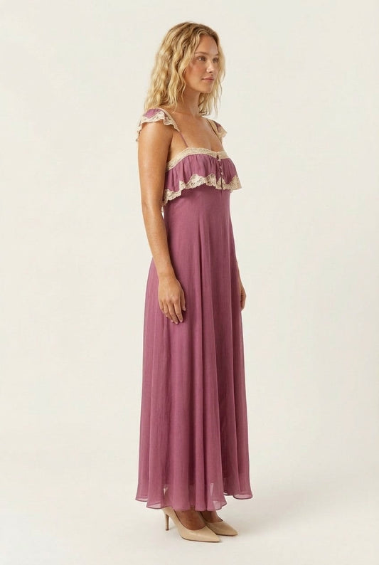 Women's Romantic Lace Trimmed Maxi Dress Ruffled Bodice Garden Party