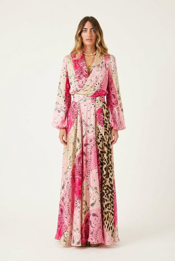Women's Mixed Print Satin Maxi Dress Wrap Front Long Sleeve Boho Chic