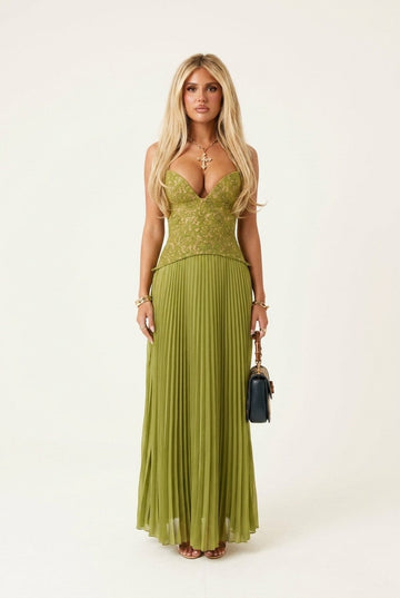 Women's Olive Lace Bodice Pleated Maxi Dress Slim Fit Evening Gown