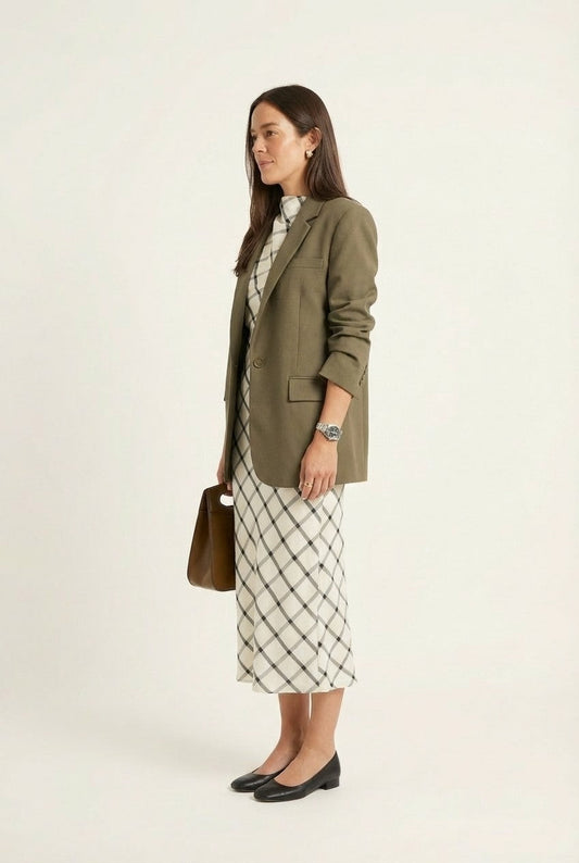 Women's Olive Green Tailored Blazer, Oversized Single-Breasted Office Jacket