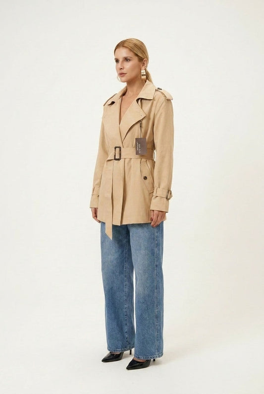 Women's Classic Belted Short Trench Coat with Wide Lapels in Sand