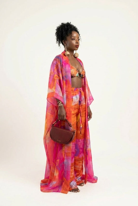 Women's Vibrant Abstract Print Sheer Kimono and Pants Set Resort Wear