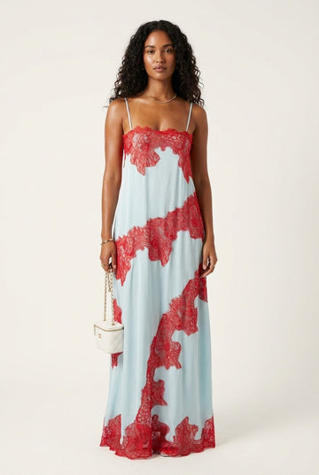Women's Floral Lace Trimmed Satin Slip Maxi Dress Light Blue