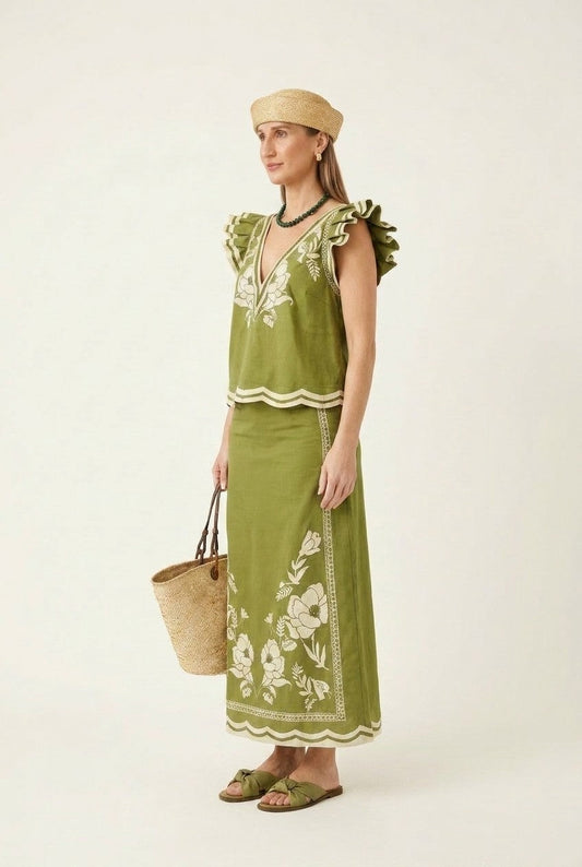 Women's Embroidered Linen Blouse and Skirt Set with Ruffle Sleeves
