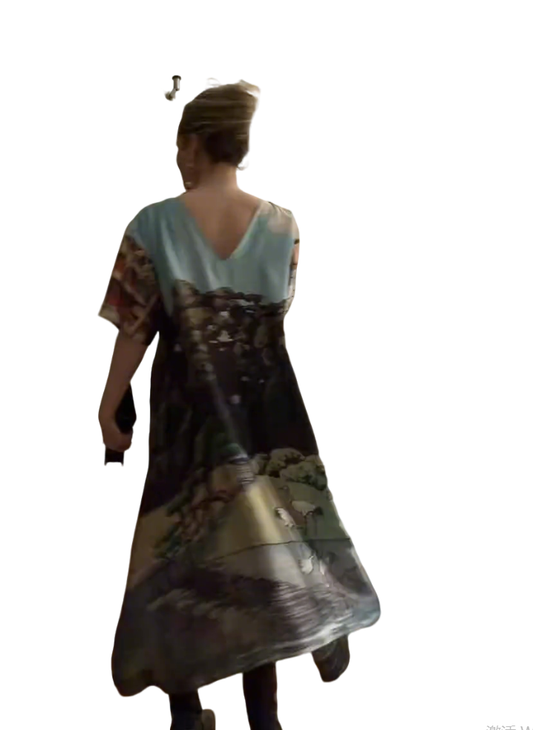 Landscape Print Oversized Silk-Blend Dress