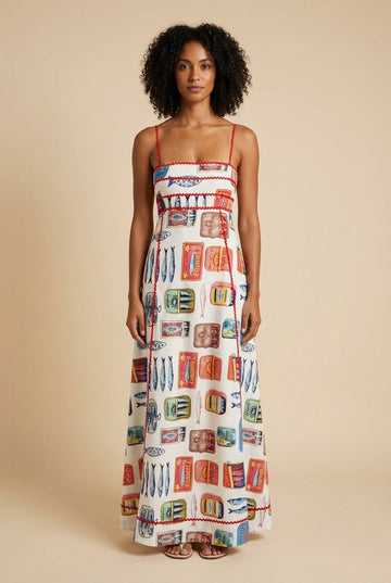 Women's Coastal Sardine Print Cotton Maxi Dress with Ric-Rac Trim