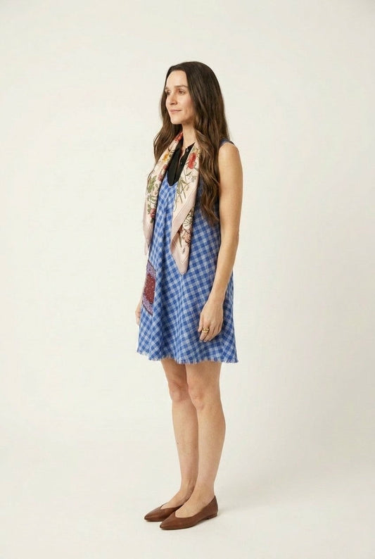 Women's Gingham V-Neck Dress with Patchwork Detail and Frayed Hem