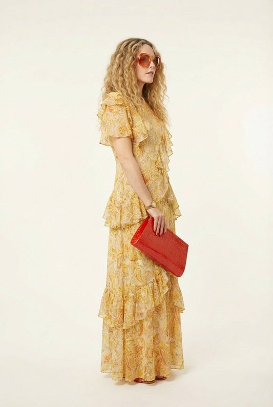 Women's Paisley Print Chiffon Maxi Dress Ruffle Tiered Bohemian Gown