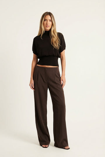 Women's Ribbed Hem High Neck Blouse and Wide Leg Pants Set